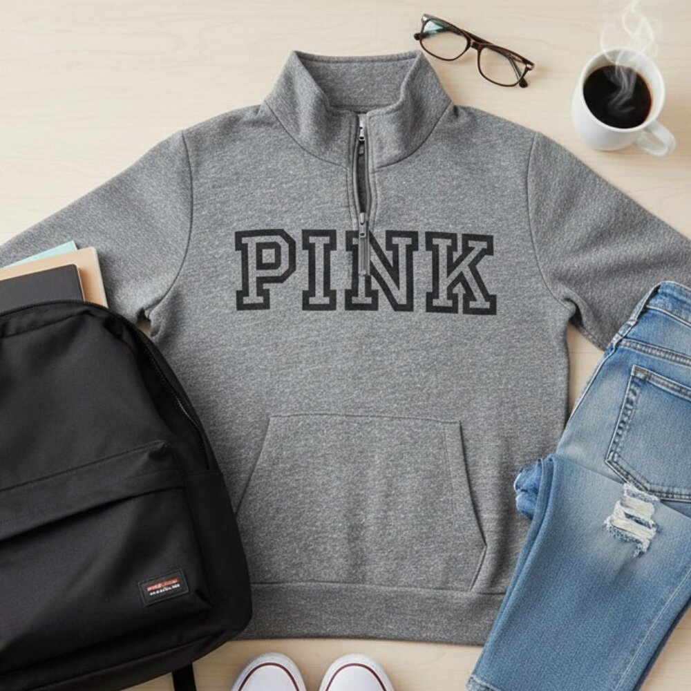 PINK Victoria's Secret Gray Quarter Zip Pullover Logo Sweatshirt - Large